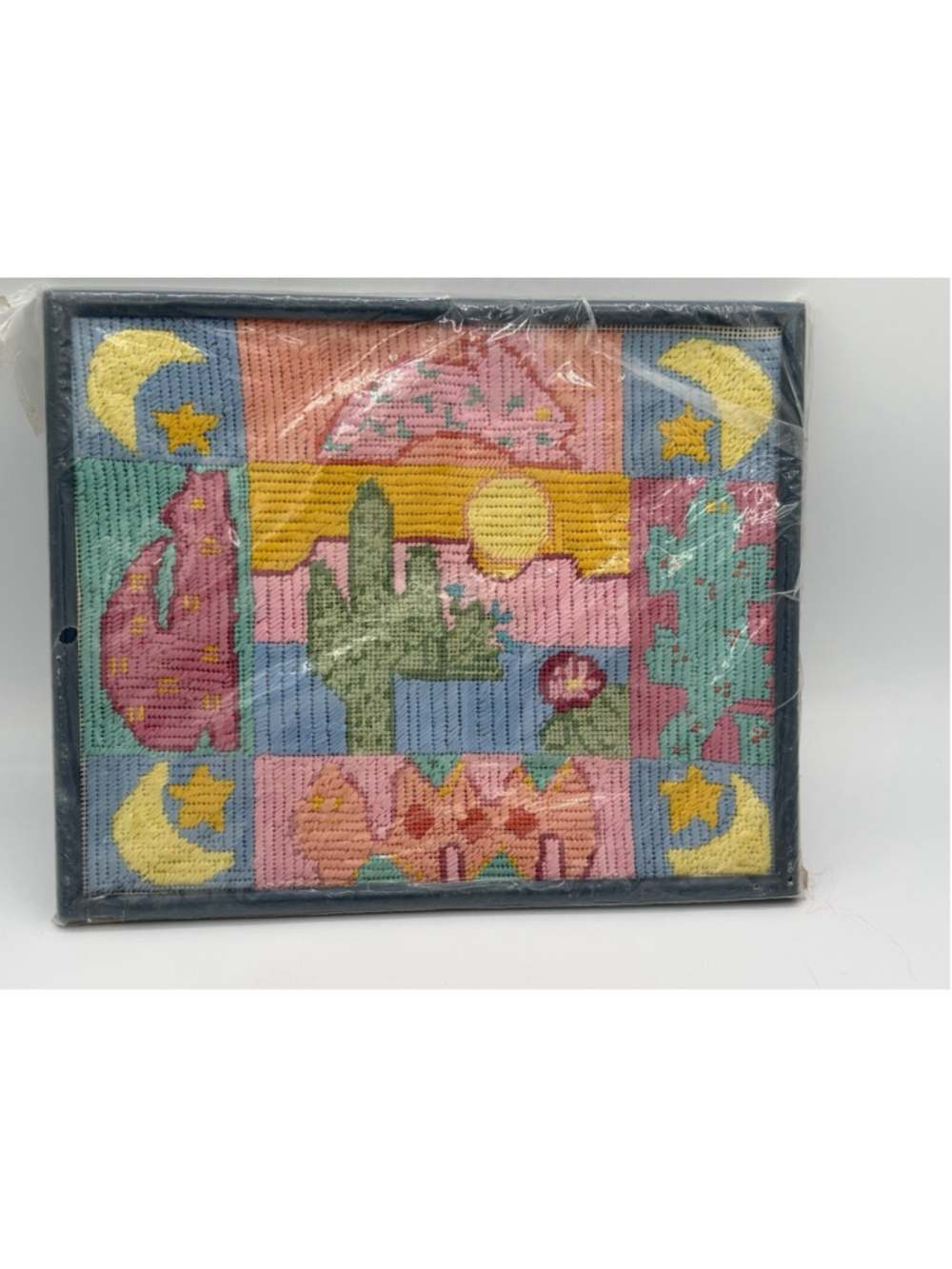 VTG Framed Crossstitch/Needlepoint Retro Cactus,Moon And Aztec